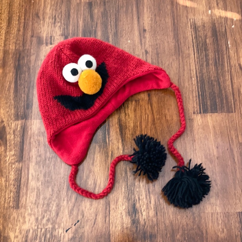 Handmade Elmo Character Kids’ Beanie Winter Hat Poms Hand Crafted RARE EUC